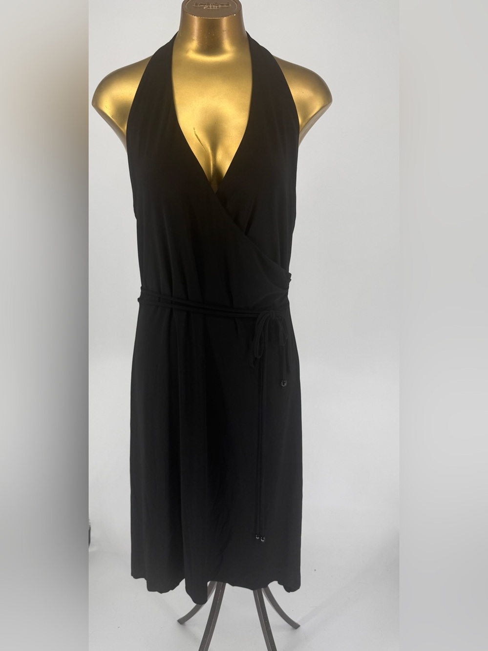 Bisou Bisou Black Halter Wrap  Midi Dress Backless Size 14